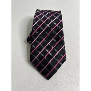 Countess Mara Black, Pink, Gray Plaid Pattern 100% Silk Handmade Tie NWOT